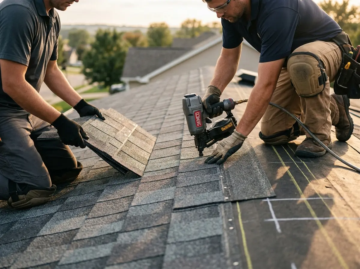 Professional roofer working on a residential roof in Payson